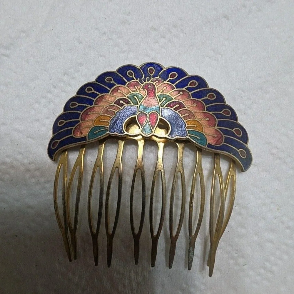 Brass Hair Comb Peacock Enamel Multicolor Bird 2.5 In Boho Hair Jewelry